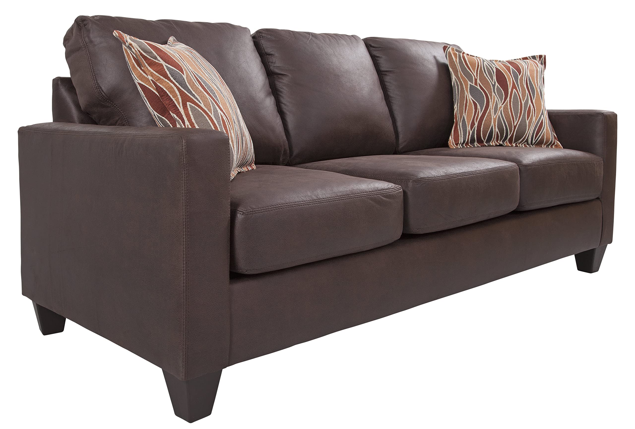 American Furniture Classics Model 8-010-A7V2 Square Arm Sofa In Pinto Brown Faux Leather With Two Accent Pillows